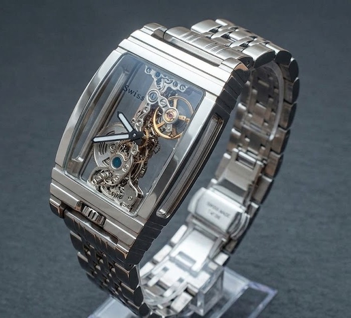 Luxury Tonneau Skeleton Mechanical Watch Transparent Bridge Movement Steel