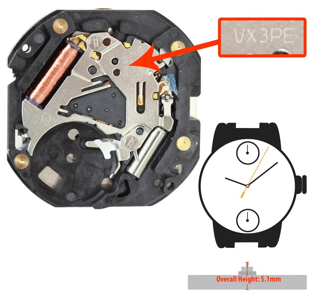 Original Hattori/Seiko/Epson VX3P Japan Quartz Movement, HT: 5.10mm