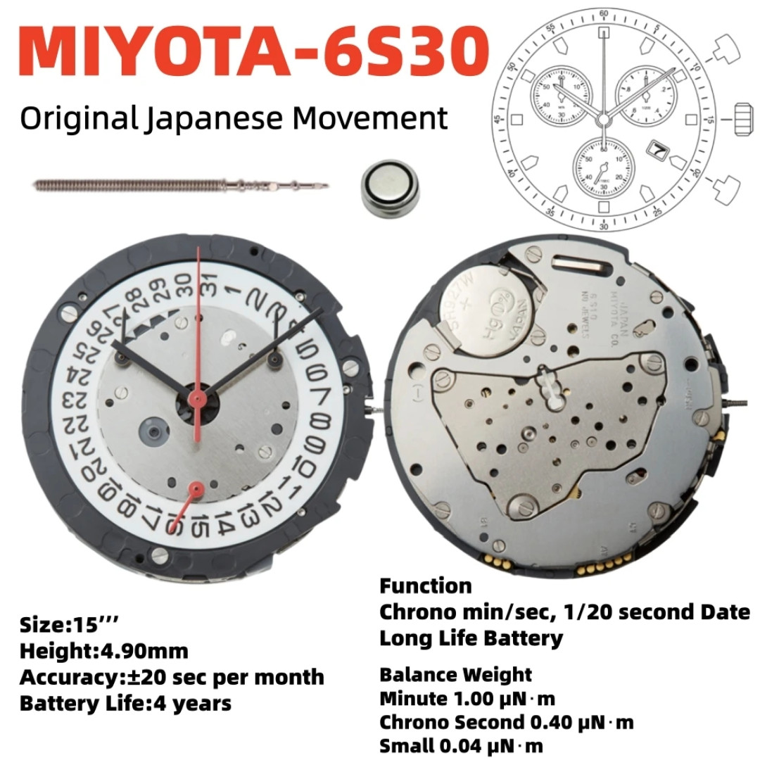 Genuine Miyota 6S30 Chronograph Quartz Watch Movement Japan Made New Date 4H