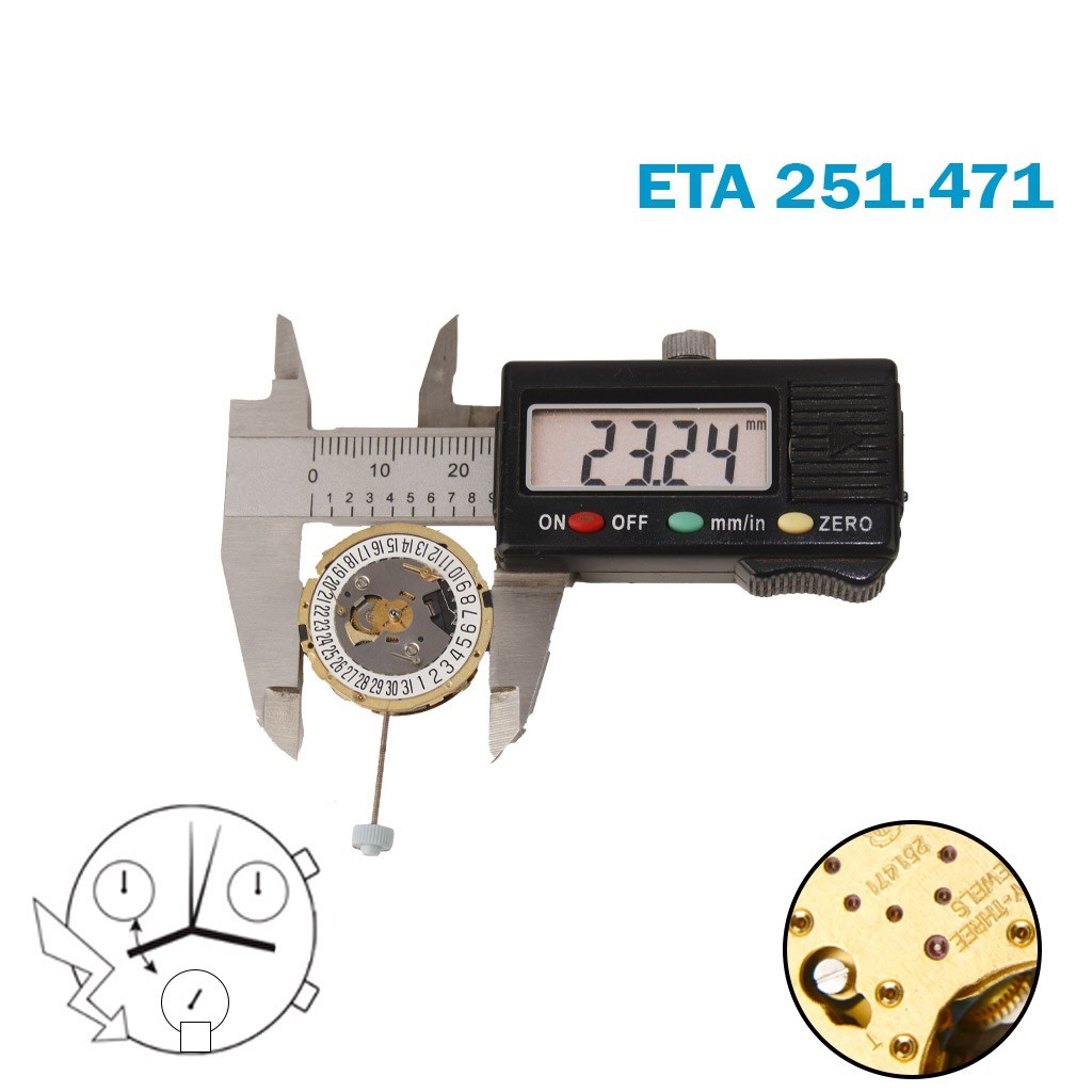 ETA 251.471 Swiss Chronograph Movement-White Date at 6-3 Counter.