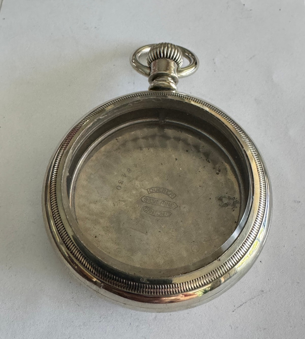 VINTAGE 18 SIZE DUEBER POCKET WATCH SILVERINE CASE PENDANT & LEVER SET