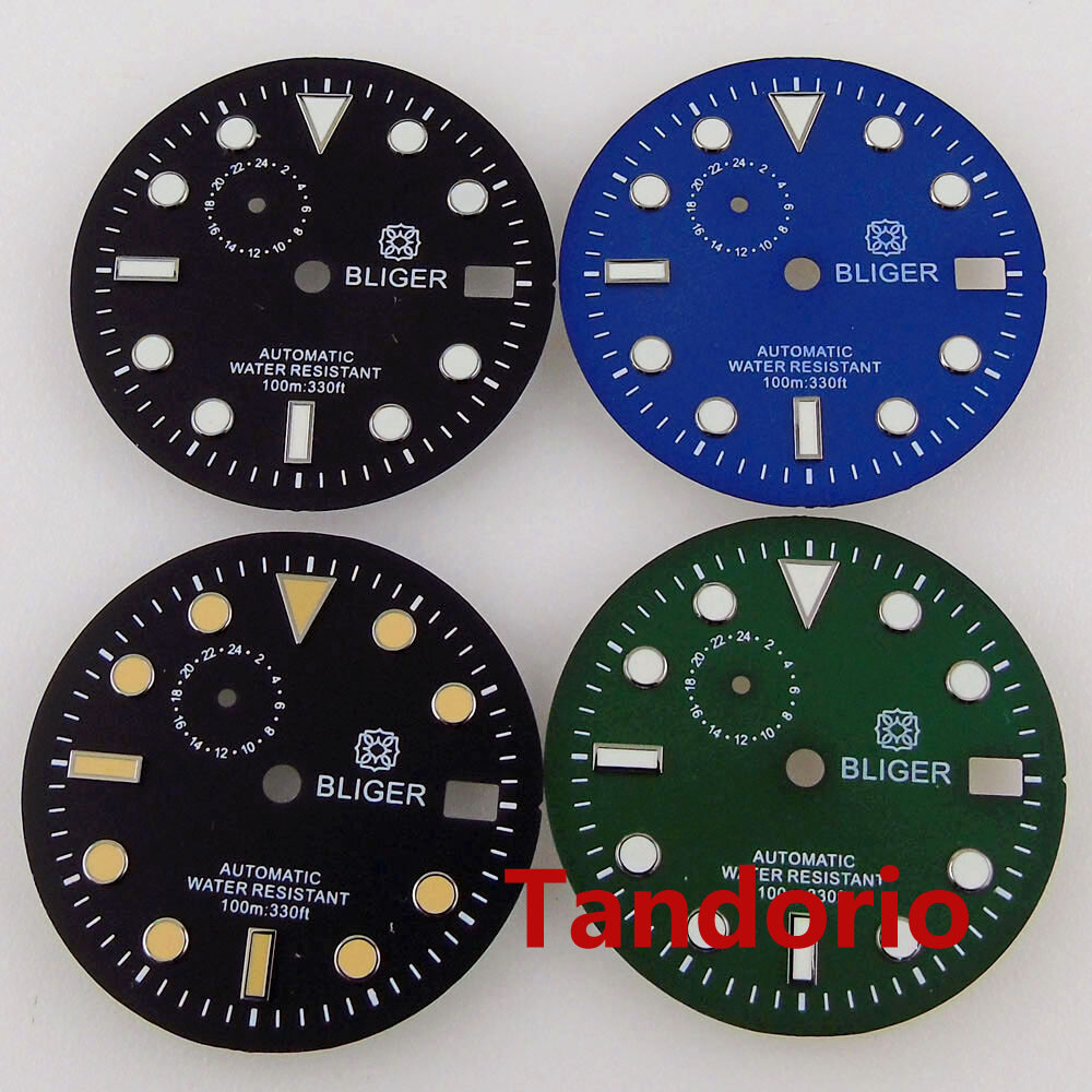 Bliger 29mm NH37 Automatic Mens Black White Blue Watch Dial Face Luminous Date
