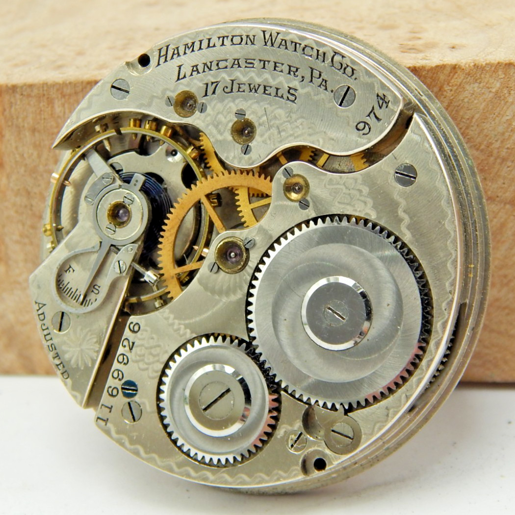 Vintage 1916 Hamilton 974 16s 17 jewel adj pocket watch movement w/ dial & hands