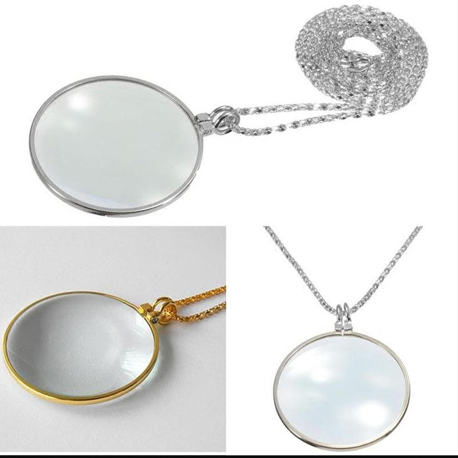 5X Magnifying Glass Pendant 1.6″ Glass Lens Dia. and 35″ Alloy Necklace (Gold…