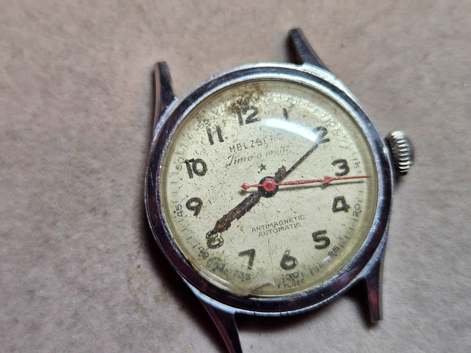 Vintage Helzberg Time-O-Matic Military Dial Auto Watch – Good Bal – Not Working