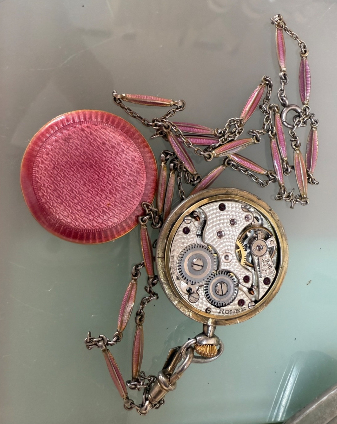 Vintage 20S ROLEX Pink Enamel Pocket Watch PENDANT Necklace