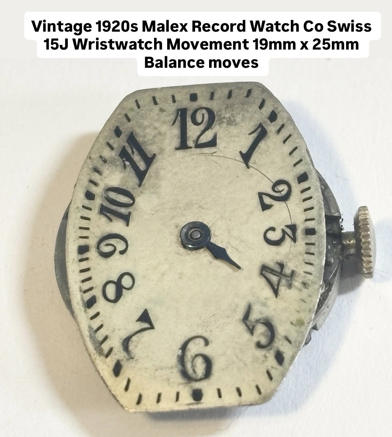 Vintage 1920s Malex Record 15J Wristwatch Movement 19mm X 25mm
