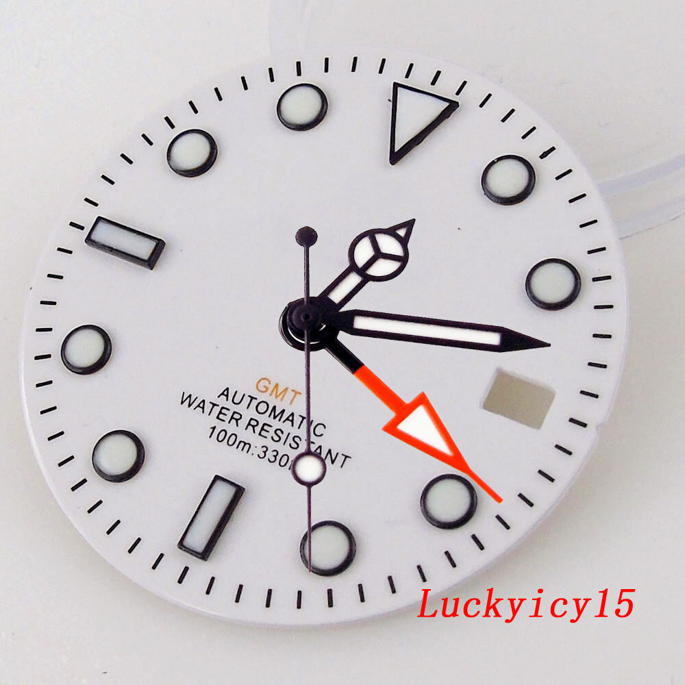 29MM Green Luminous White Watch Dial Fit NH34 NH34A GMT Automatic Mens watch