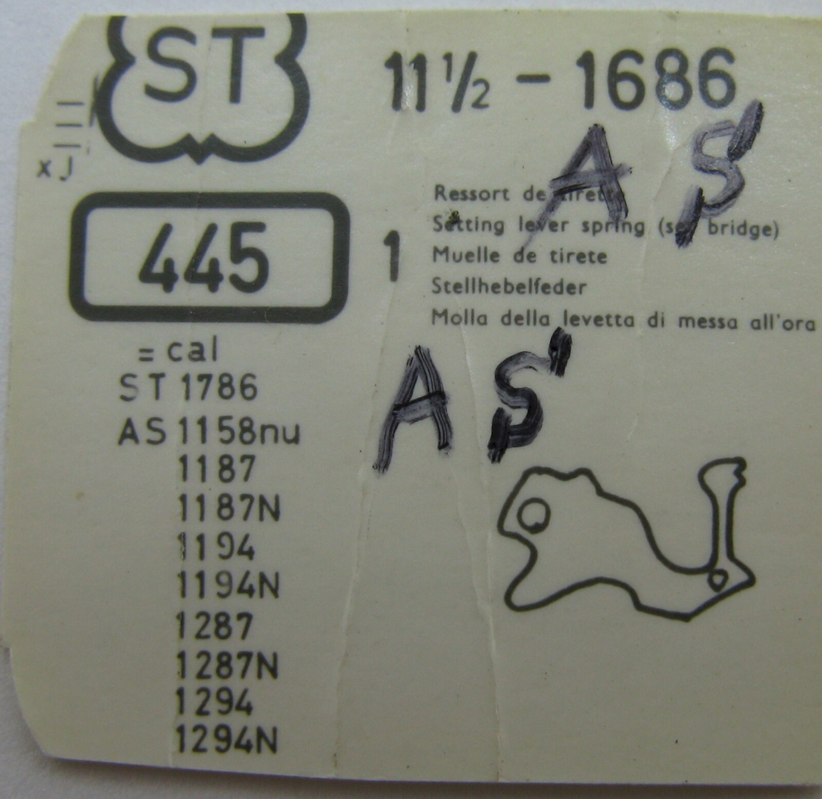 AS ST 1686 11 1/2 lignes AS 1686… watch parts 443 setting lever x1