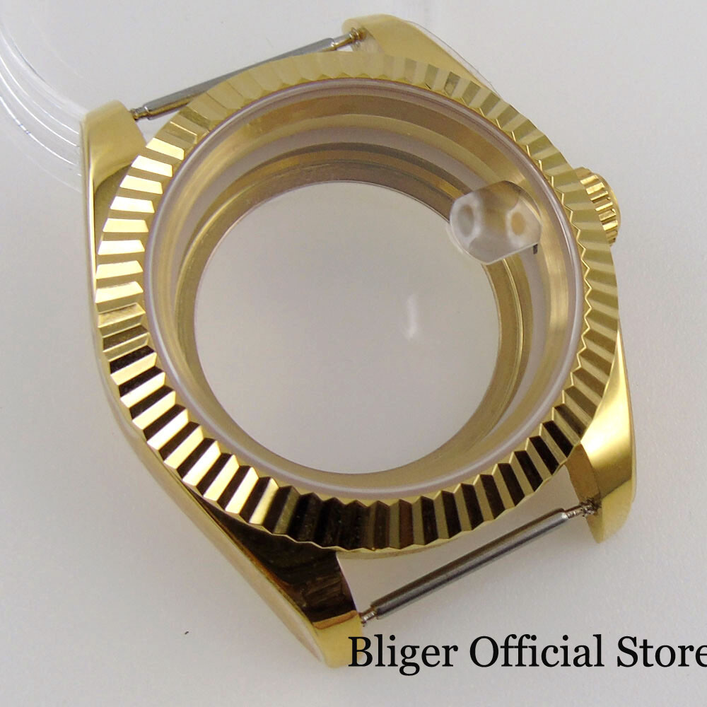 39mm Watch Case fit NH35A ETA MIYOTA Yellow Gold Coated Polish/Fluted Bezel