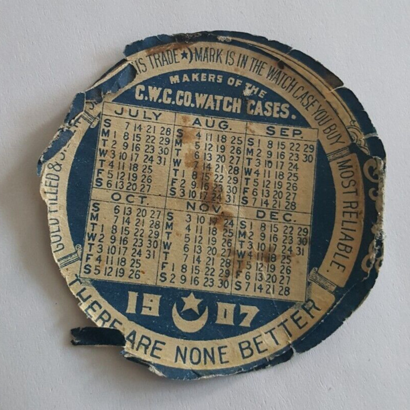 1907 Crescent Watch Case Co Paper Calendar Repair Insert Newark N.J.