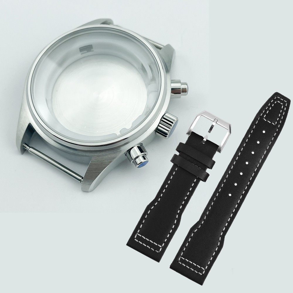 Miyota 0S00 Movement 43mm Pilot Watch Case Sapphire Crystal Glass Leather Strap