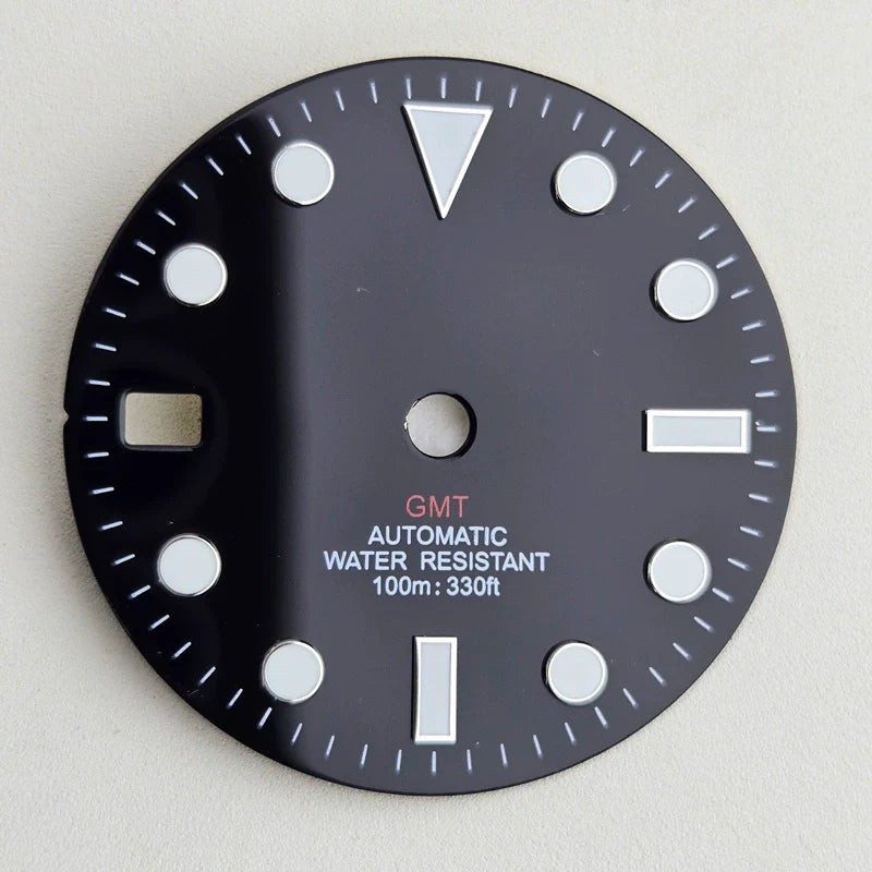 Black 28.5mm Blue Lume Watch Dial For NH36 Movement No Logo Red GMT