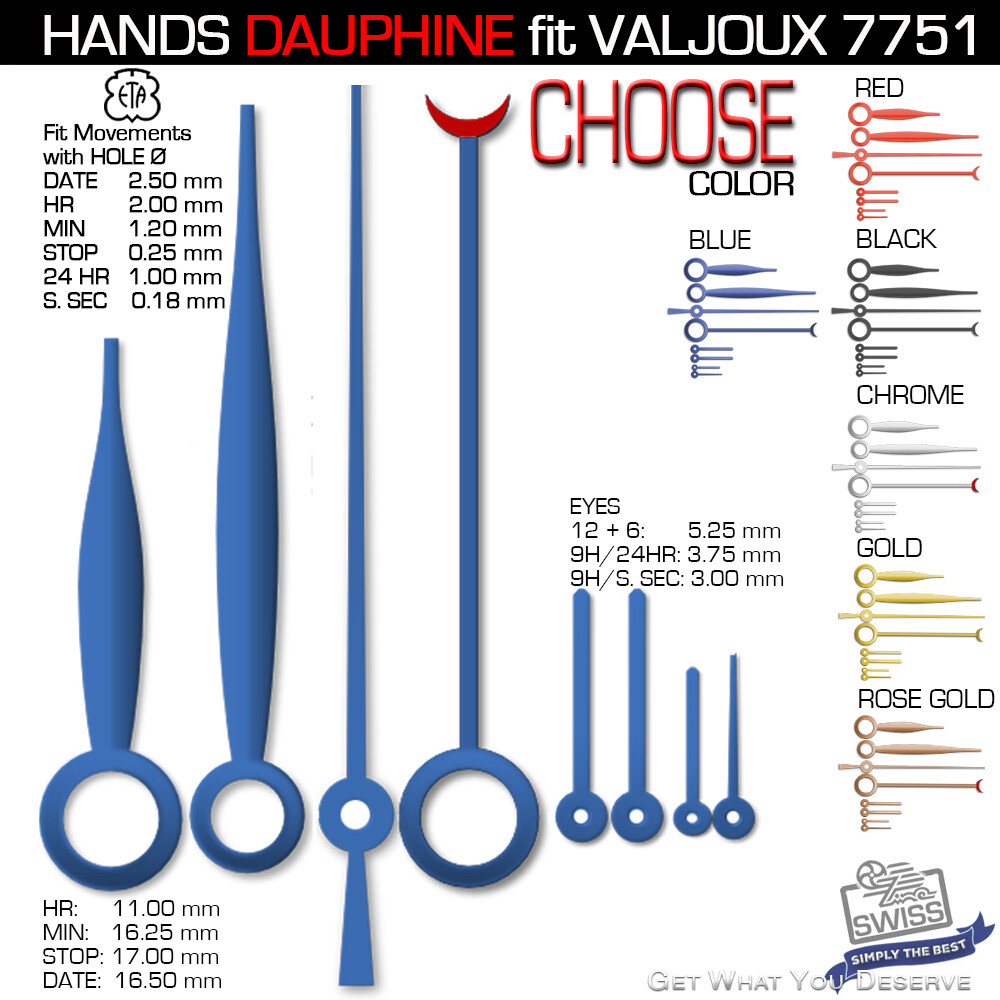 HANDS SET FOR MOVM. ETA VALJOUX 7751, DAUPHINE, 6 COLORS TO CHOOSE