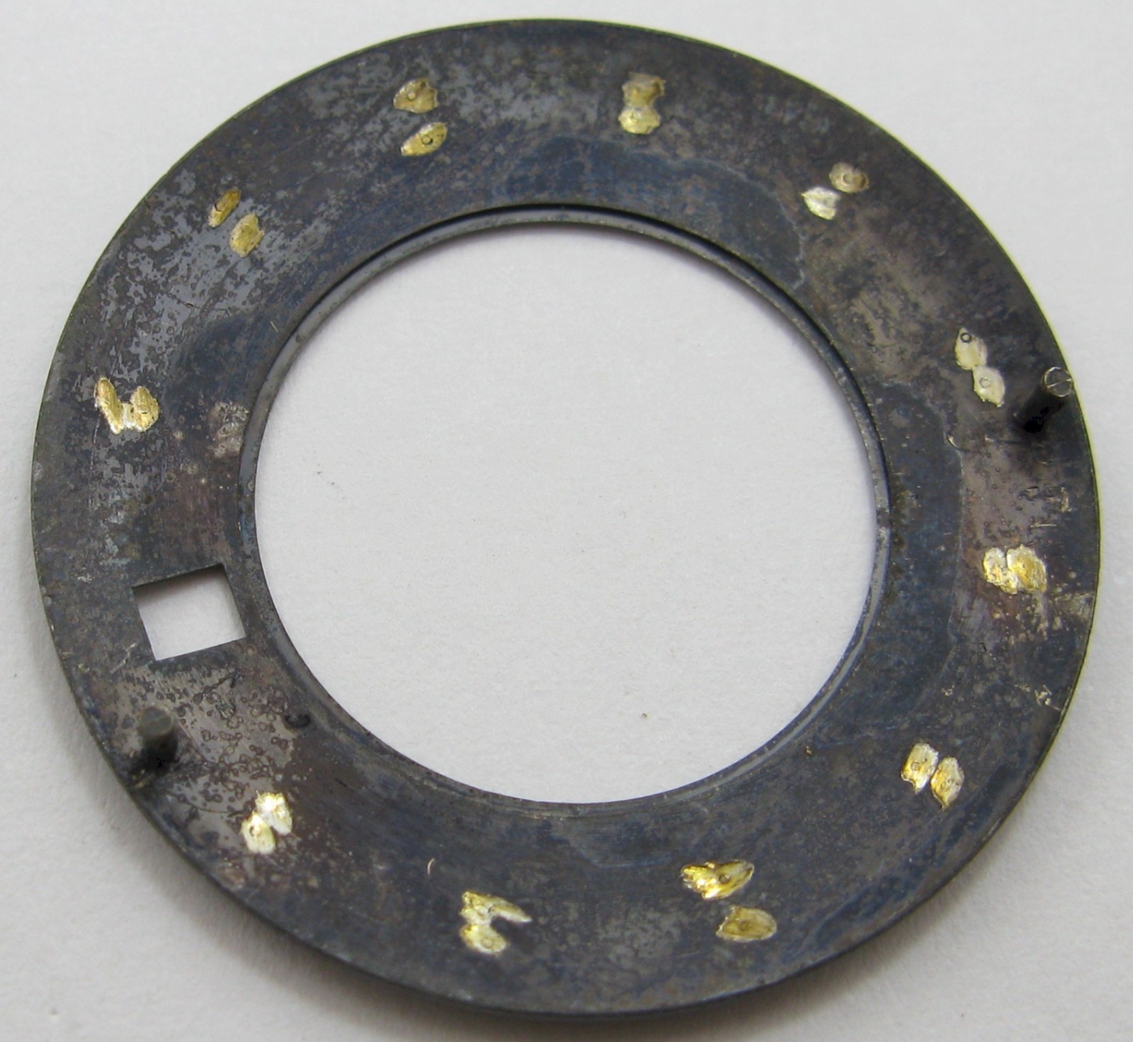 LeCoultre Alarm watch movement part: black DAMAGED dial & gilt markers
