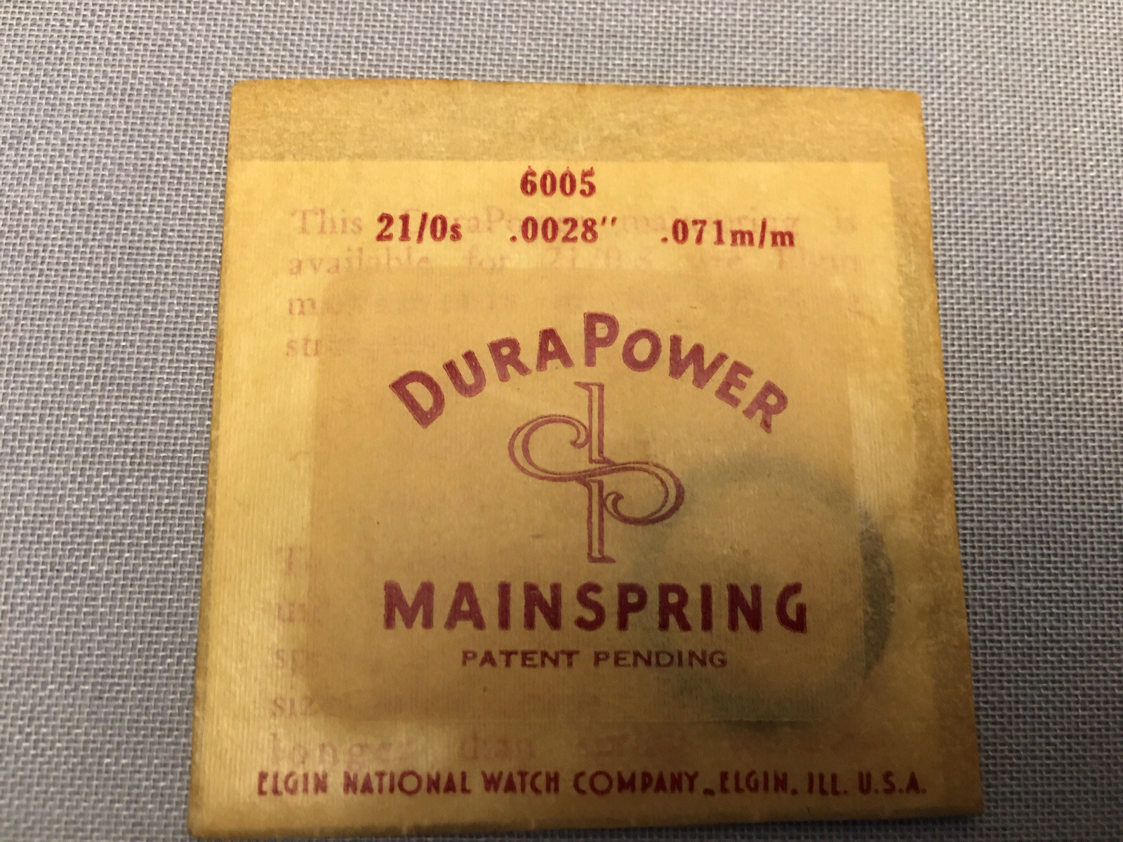 Elgin DuraPower Factory Mainspring for 21/0s No. 6005 .0028 .071 m/m Alloy NOS