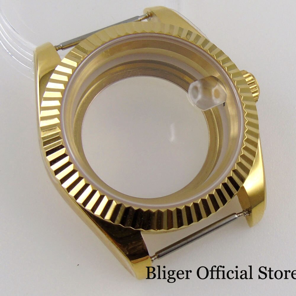 39mm Watch Case fit NH35A ETA 2824 MIYOTA PT5000 Gold Coated Polish Fluted Bezel