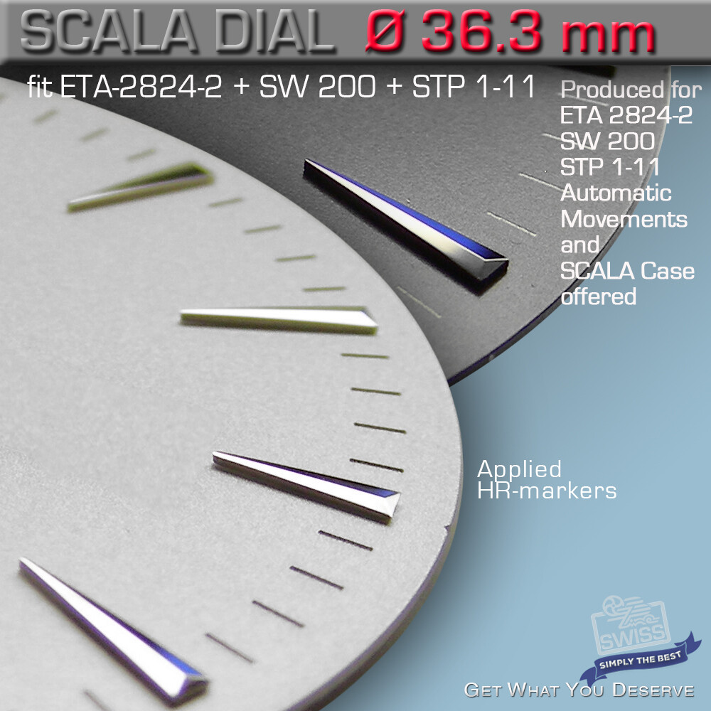 DIAL, ETA 2824-2 + SW 200, STP 1-11, Ø 36.3 MM BLACK+SILVER, APPLIED HR MARKERS