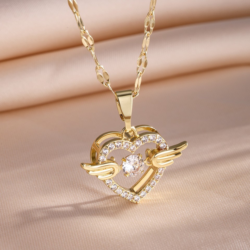 Trendy Heart Stainless Steel Zirconia Necklaces For Women Girls Love Gold Color