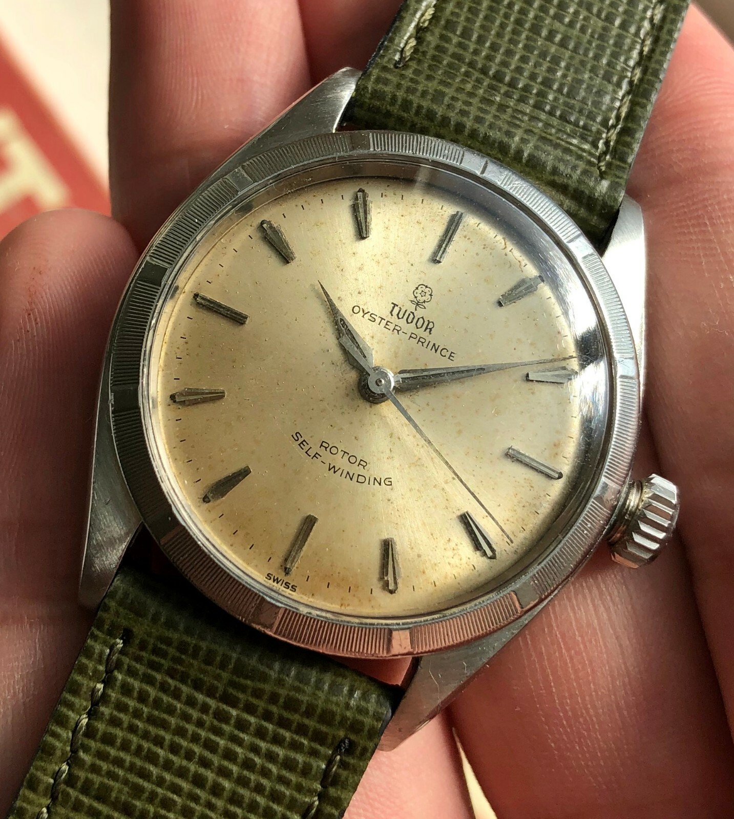 Vintage Tudor Oyster Prince 7965 Automatic Silver Rose Dial 18K Gold Bezel Watch