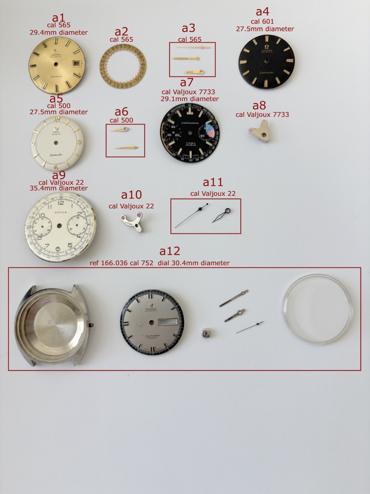 Dials hands Omega Valjoux cal 565 601 500 7733 22 752 chronograph watch
