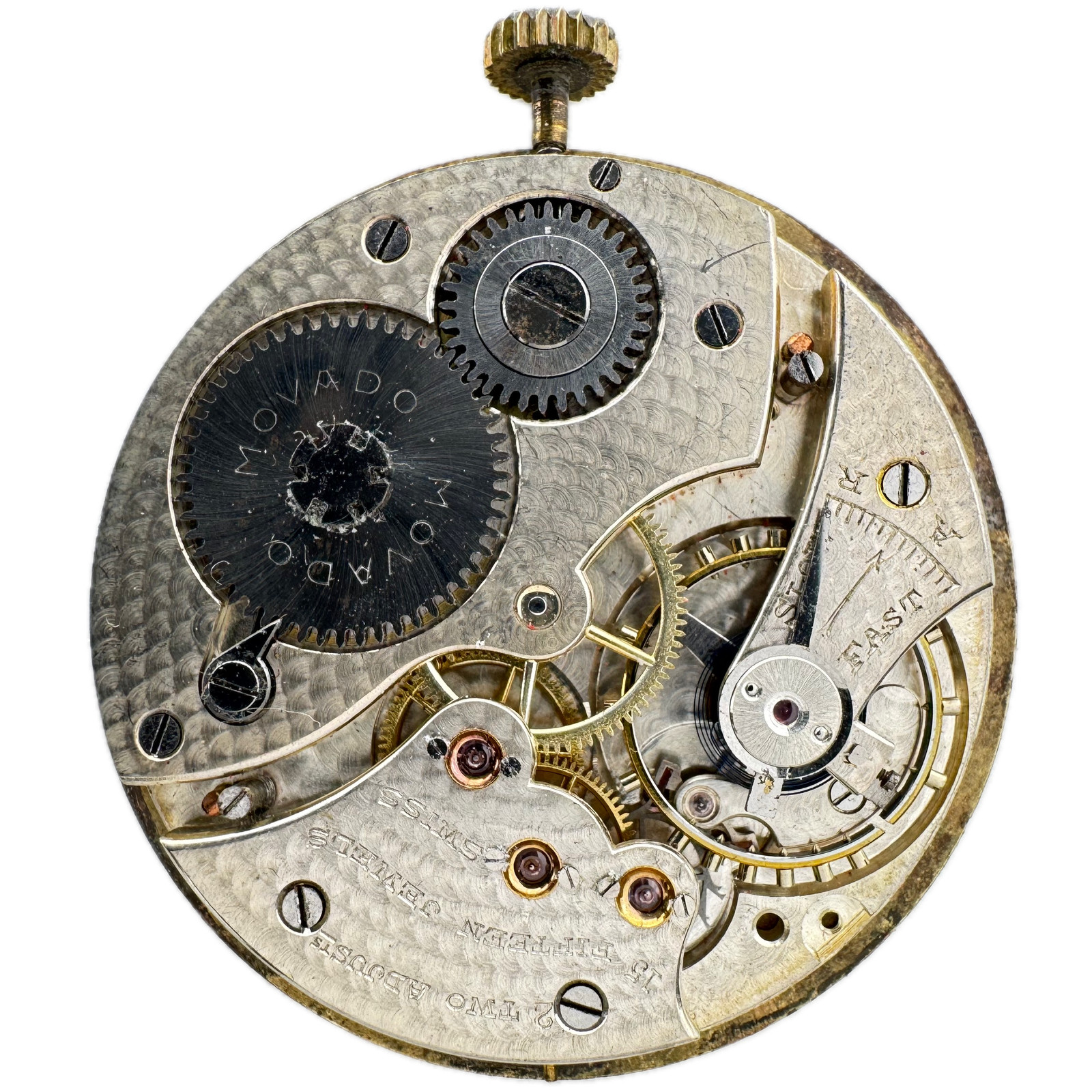 Antique Movado Art Deco Style Basketweave Pattern Pocket Watch Movement Swiss
