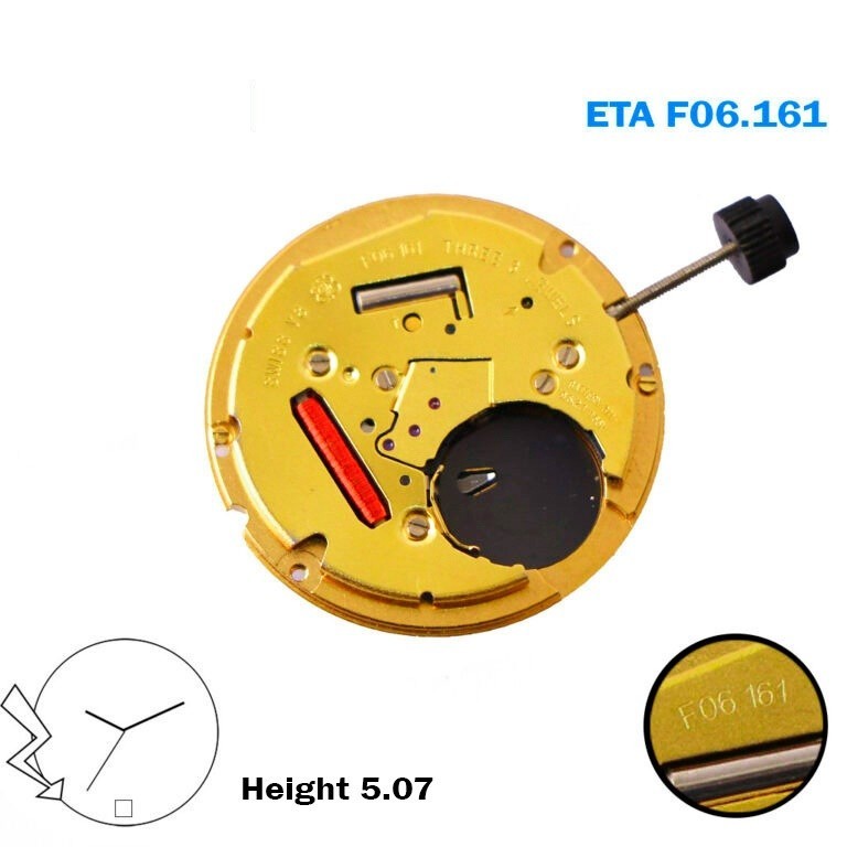 ETA F06.161 Swiss Quartz Movement, 3 Hands, White Date Disk At 6, Height 5.07mm