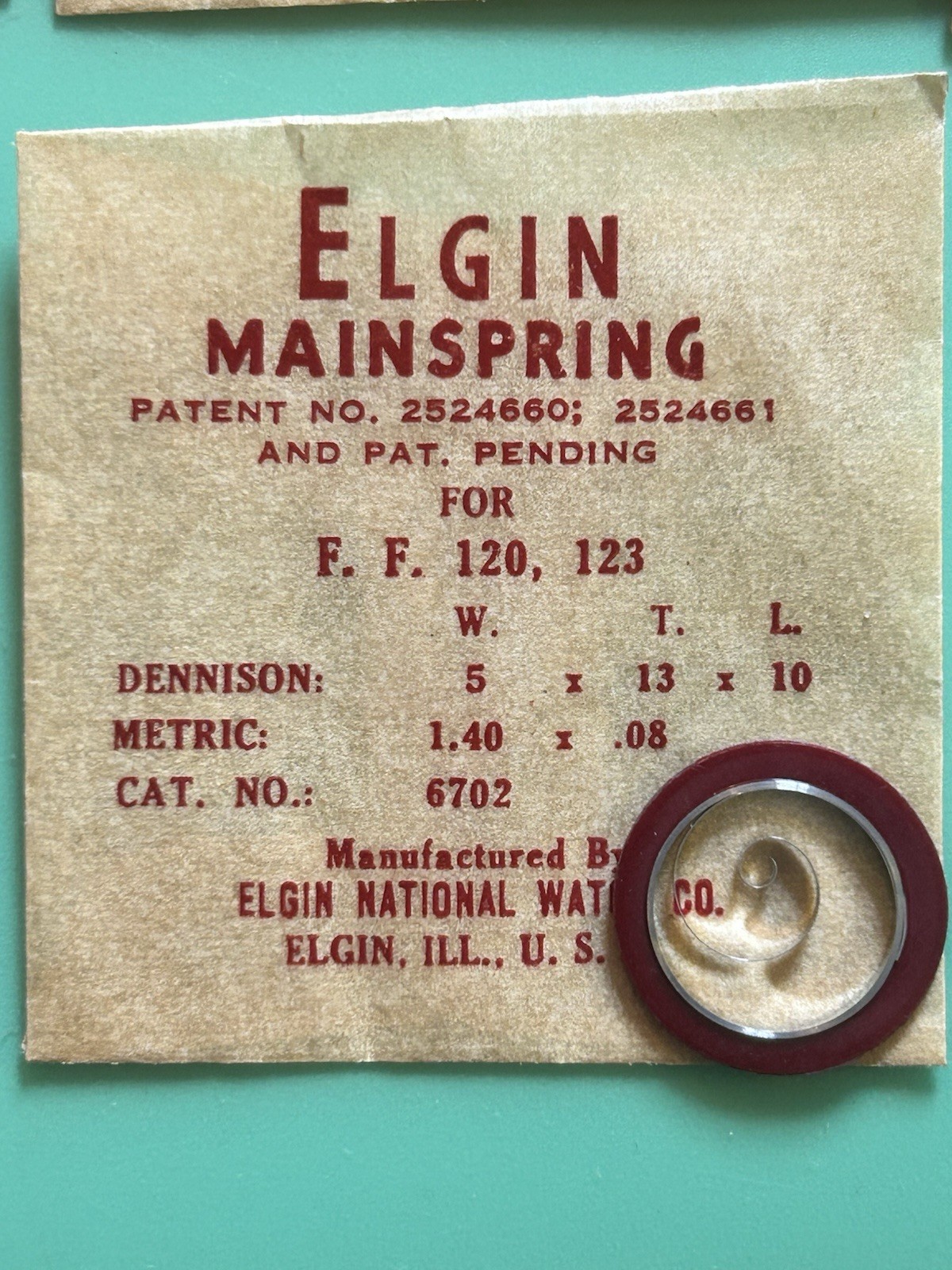 Elgin – Mainspring – Cat. #670 – 5 w x 13 t x 10 l – For F.F. 120 123 – NOS Pack