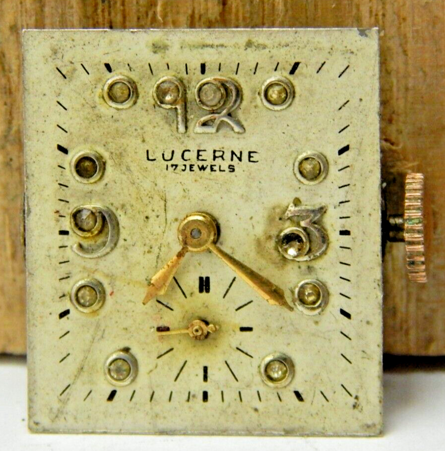 Vintage Lucerne Camy 17 jewel men’s wrist watch movement w/ gemmed dial & hands