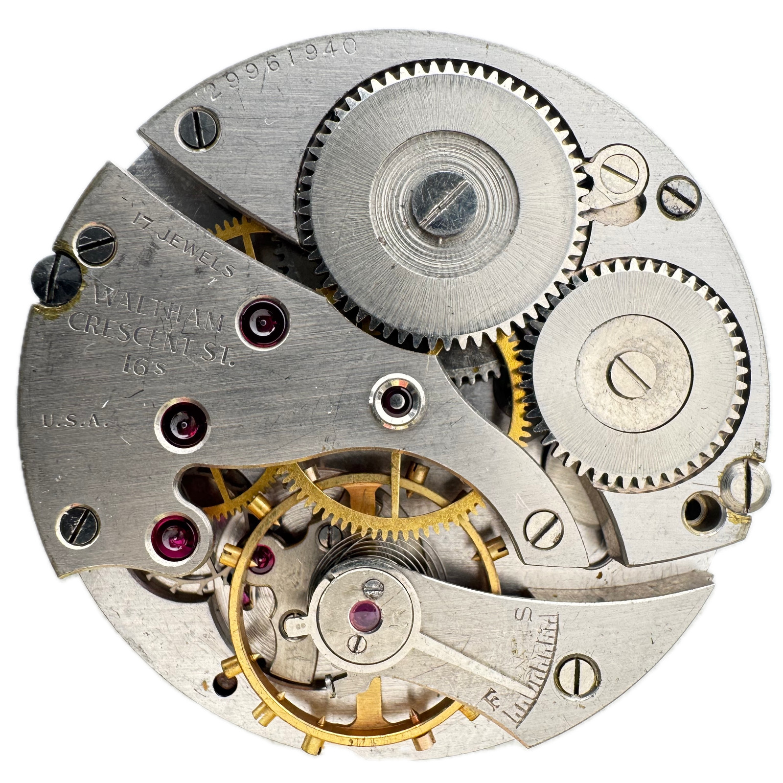 Vintage 16s 1939 Waltham Boxcar Dial Crescent St. Pocket Watch Movement No. 1617