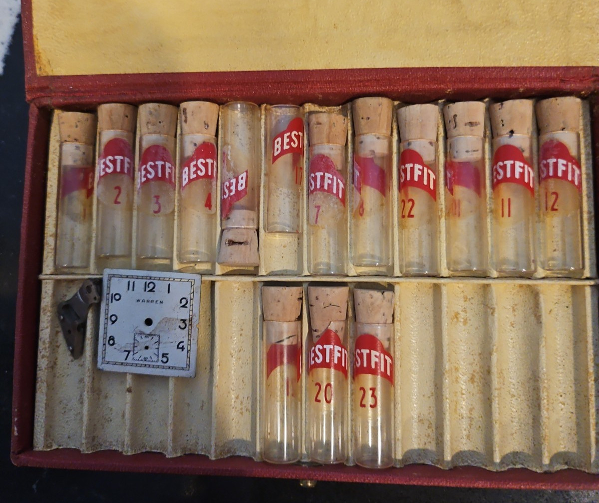 Box few empty Vials Seitz Balance Jewels Warren Face Plate + 2 random Watch Part