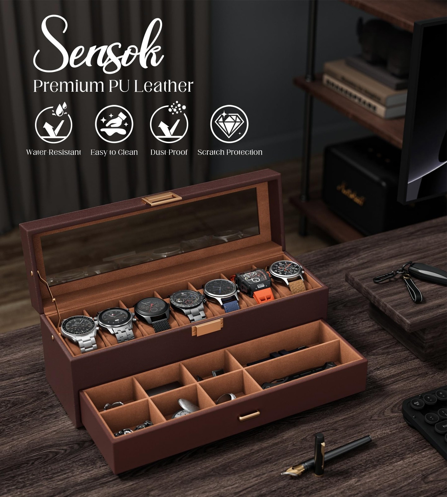 Watch Case Box for Men – 7 SLots Watches Storage Organizer Real-Glass Display…
