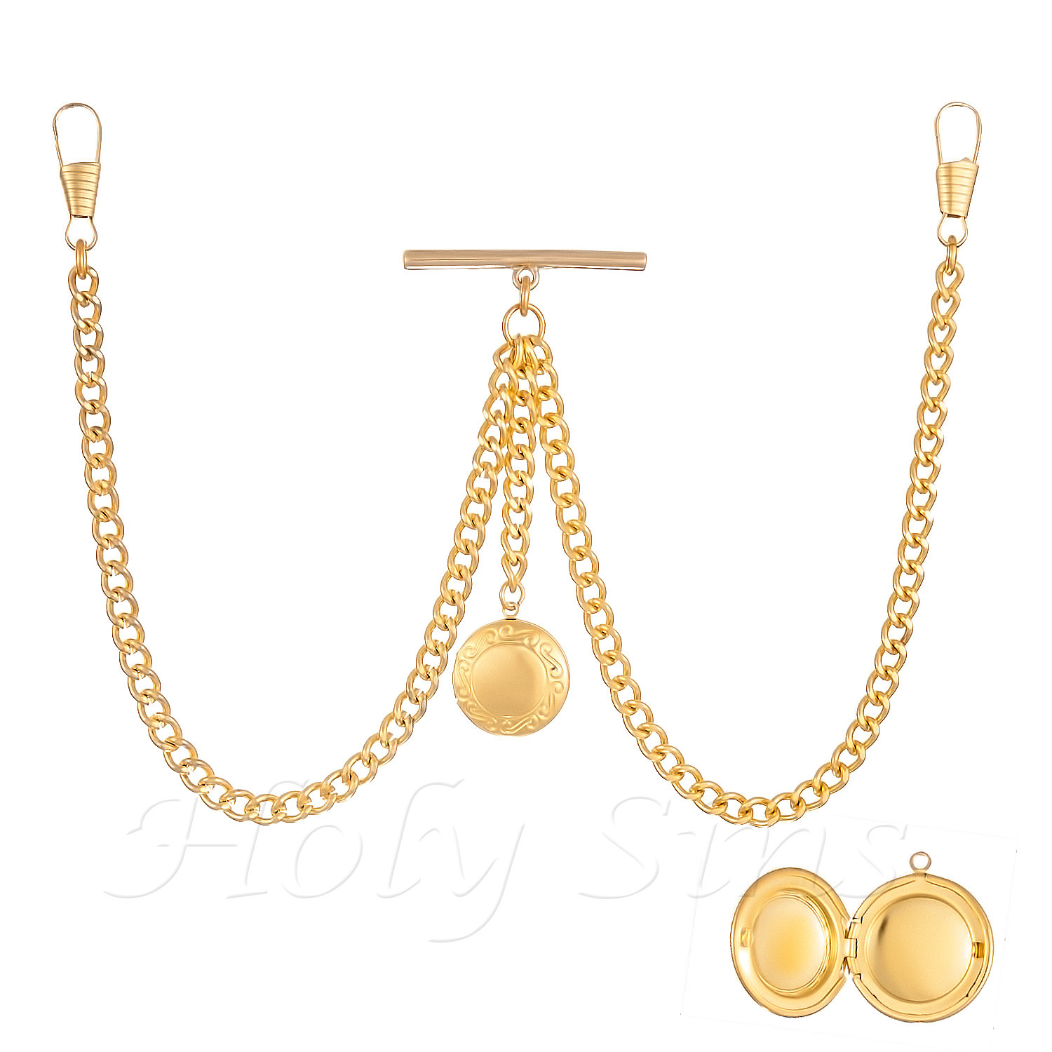 Brand New Gold Colour Double Albert Pocket Watch Chain With Locket