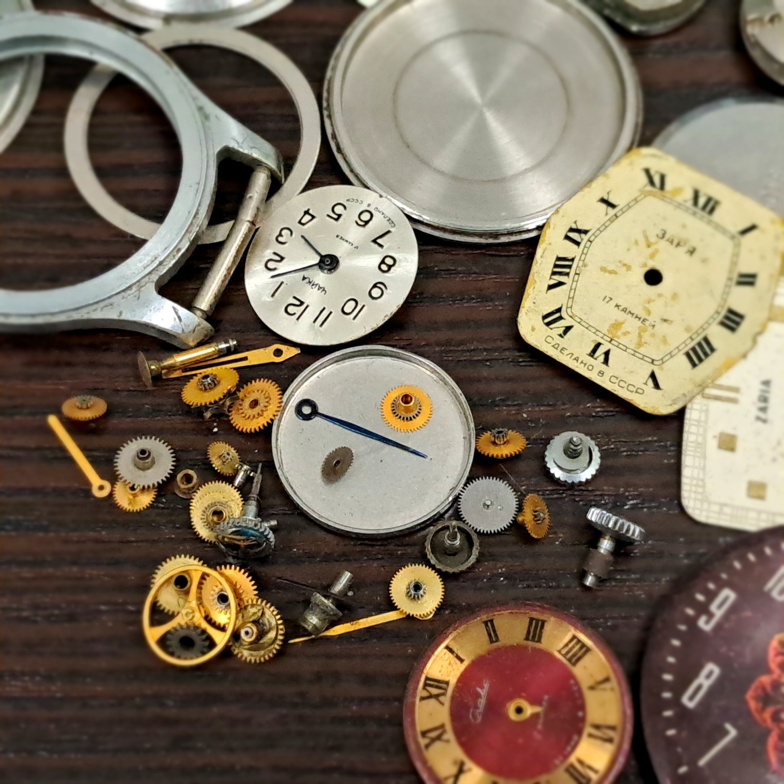Vintage Soviet Watch Parts Lot– Raketa, Pobeda, Slava, Zarja – Cases, Dials–USSR