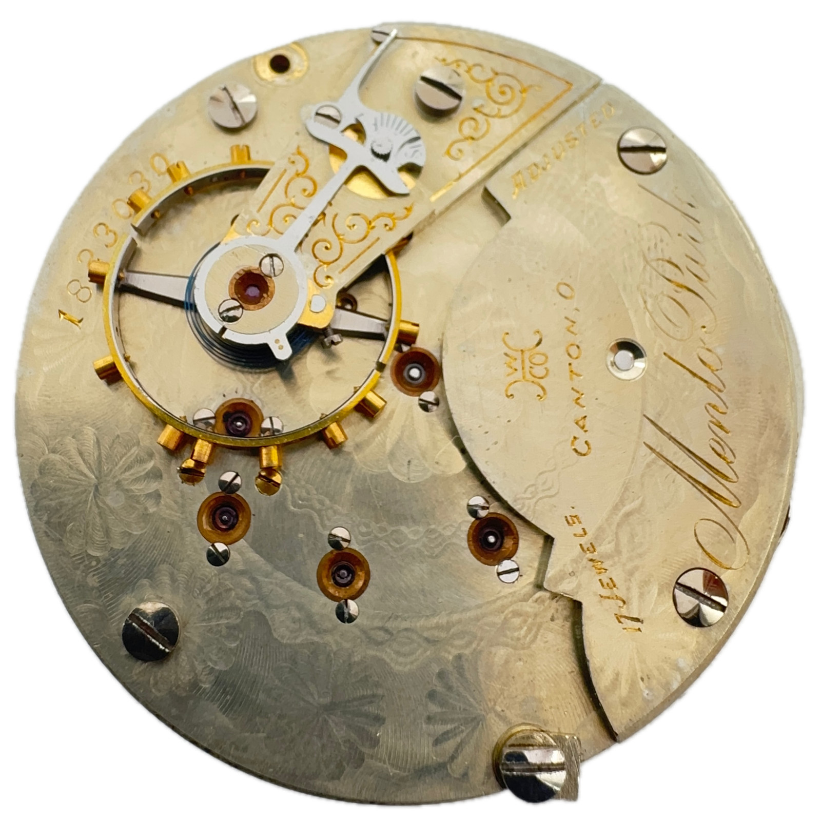 Antique 18s 1903 Hampden Pocket Watch Movement Menlo Park USA Floral Engraving
