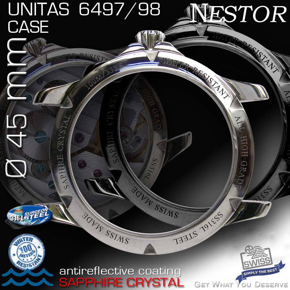 WATCH CASE NESTOR,45MM,ST.STEEL,SAPPHIRE CRYSTAL FOR MOVEMENT ETA UNITAS 6497/98
