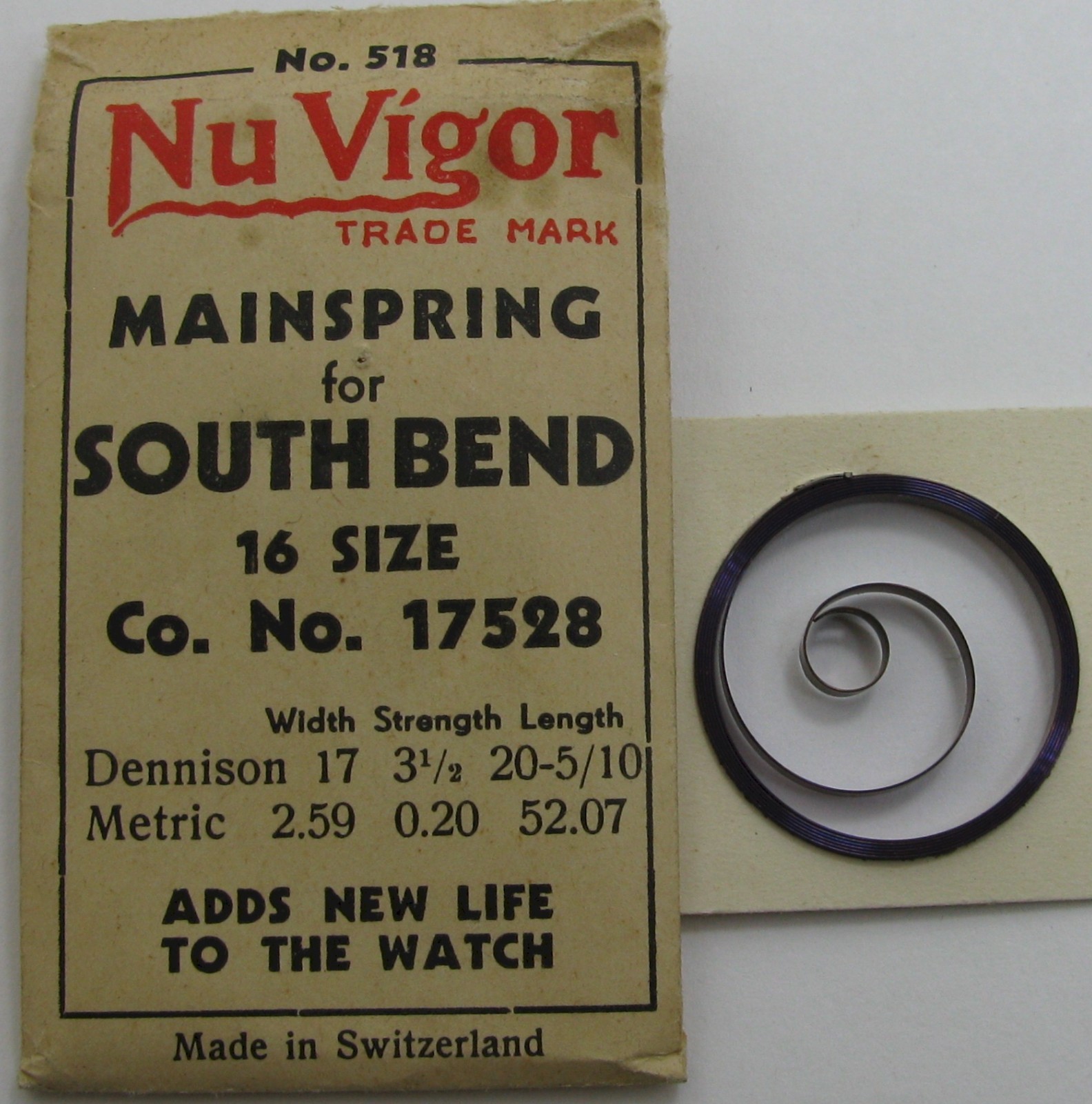 South Bend 16s 17528 T end watch Mainspring 1 piece * blue alloy *