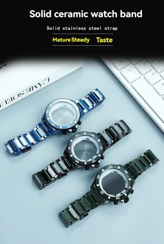Ceramic Shell Watch Strap for Armani AR70009 AR70010 Three Eye Black Case Fitted