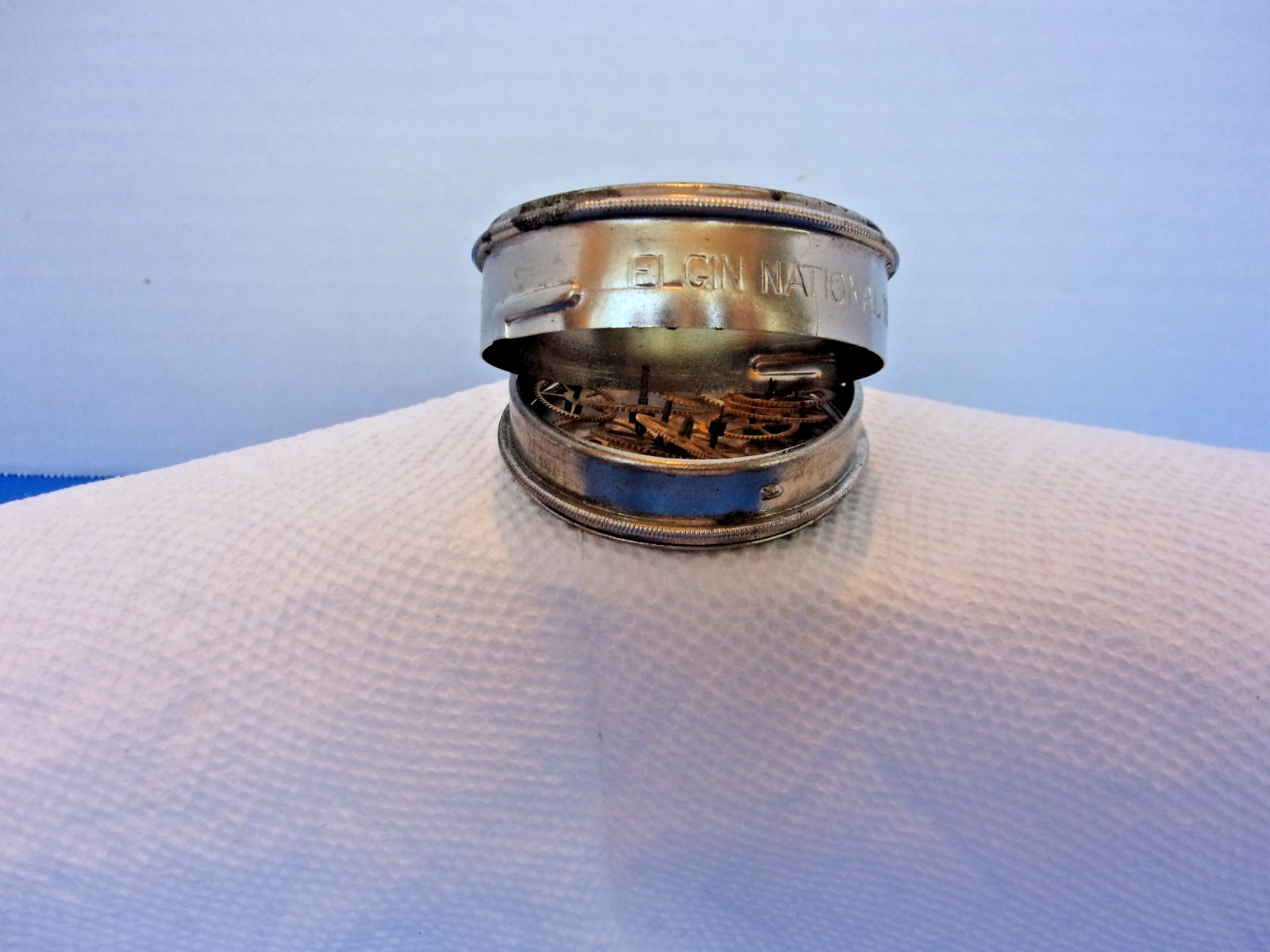 Elgin Pocket Watch Parts, Mix of 3rd and 4th and other power Train Gears + Tin