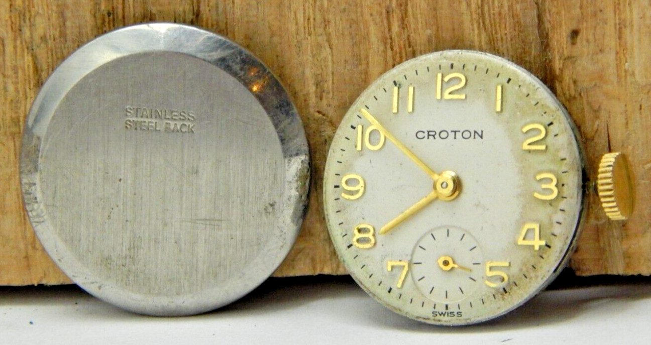 Vintage Croton 17 jewel X398 A596 wrist watch movement with dial hands & crown