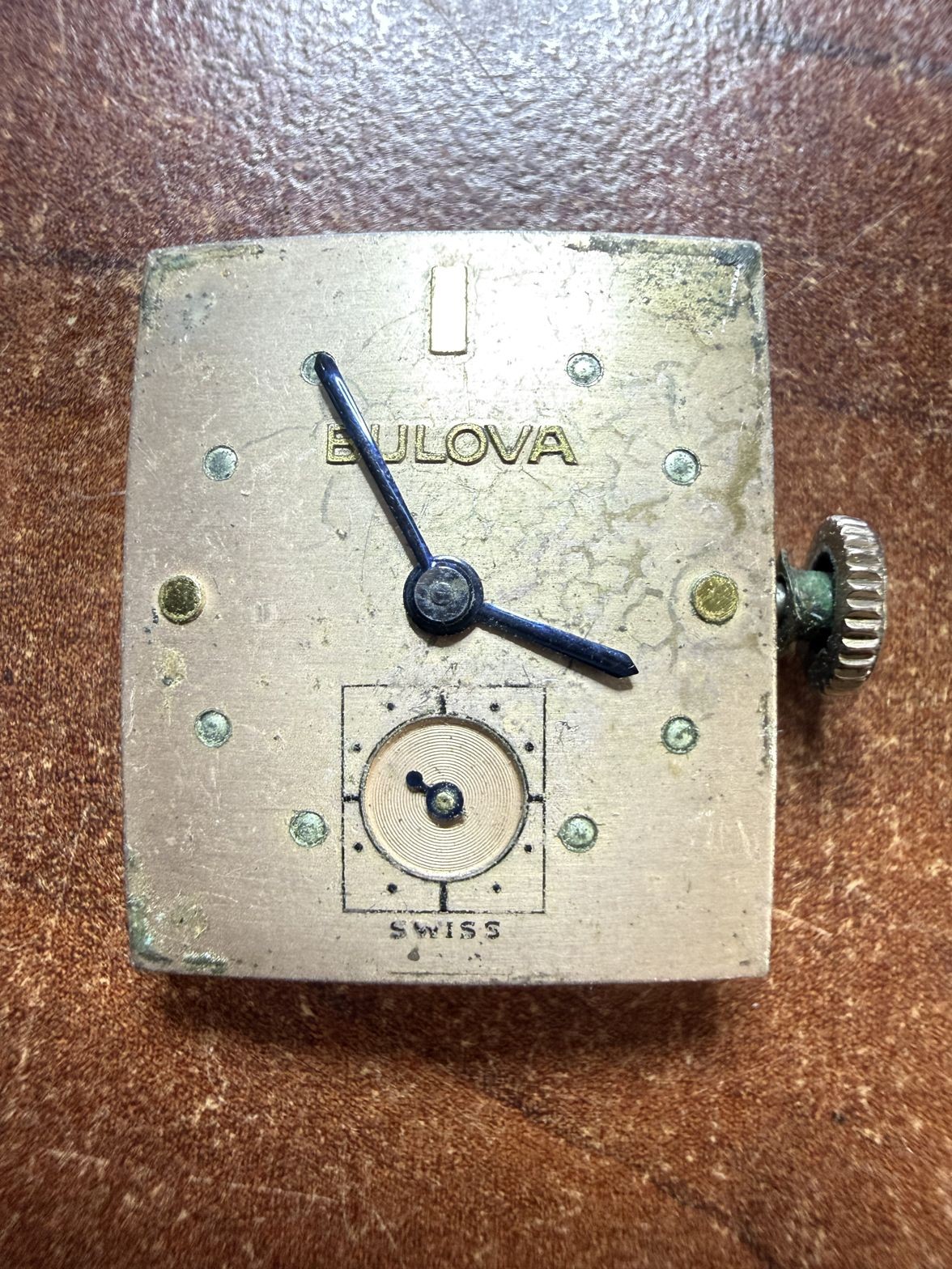 Bulova 8AH 17 Jewels Rectangular Movement Stripped Dial Not Running Parts