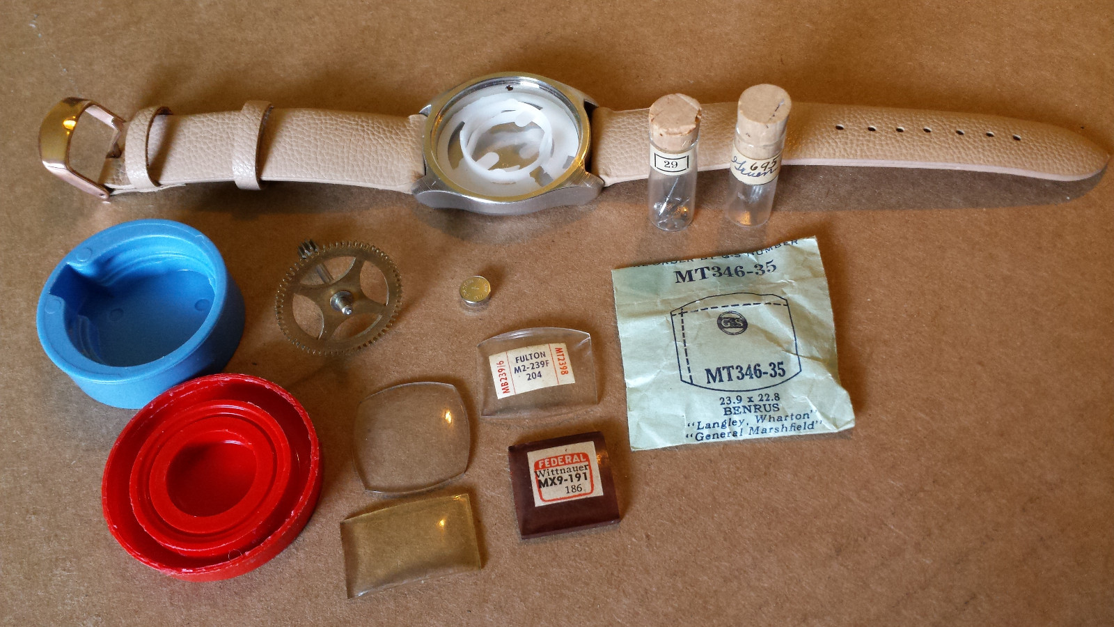 Fulton Wittnauer Benrus Watch Glass, Leather Wrist Band, Screws, Battery, Gears
