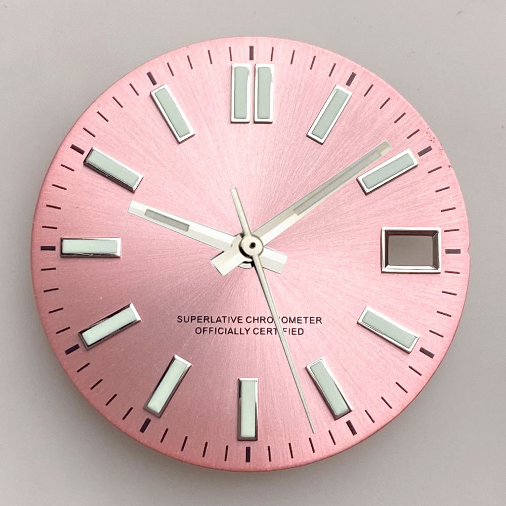 29mm NH35 Watch Dial Black/Pink/Blue Sunburst Face Luminous Baton Markers Date