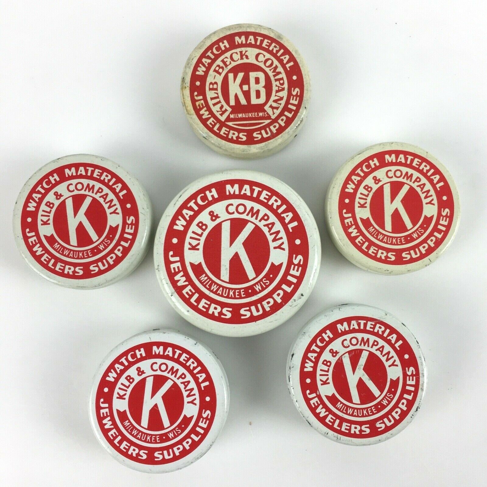 KILB BECK K Watch Jeweler Tins Lot 6 Metal Milwaukee WI Parts Vtg Advertising