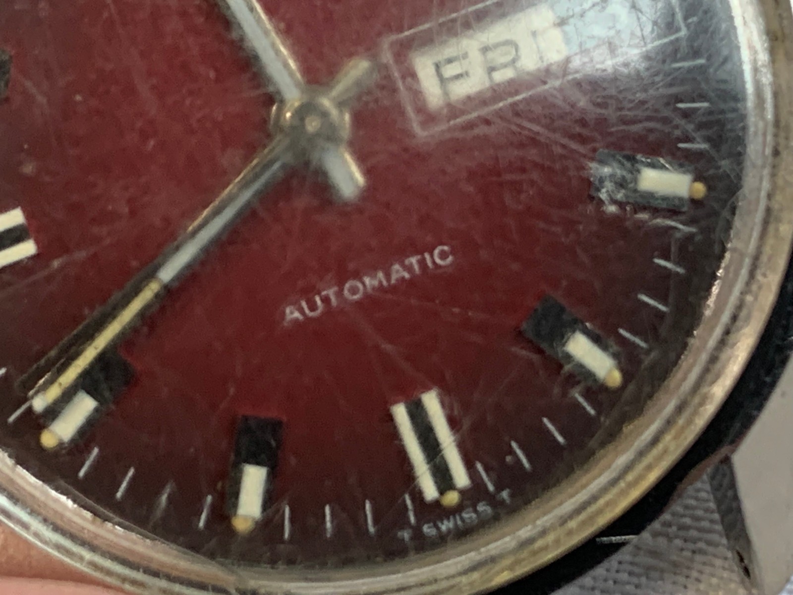 Vtg Bulova Mens Automatic Watch Face Red Dial Day Date Calendar *RUNNING*