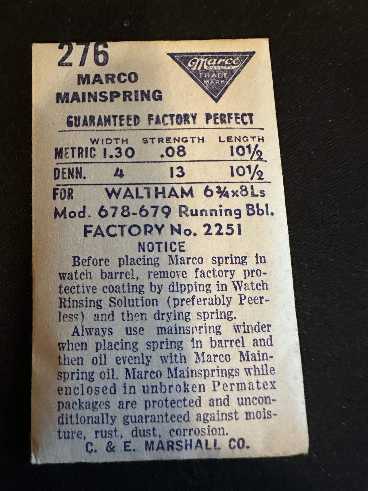 Marco Mainspring #276 for Waltham 6¾ ligne Model 678, 679 No. 2251 – Steel