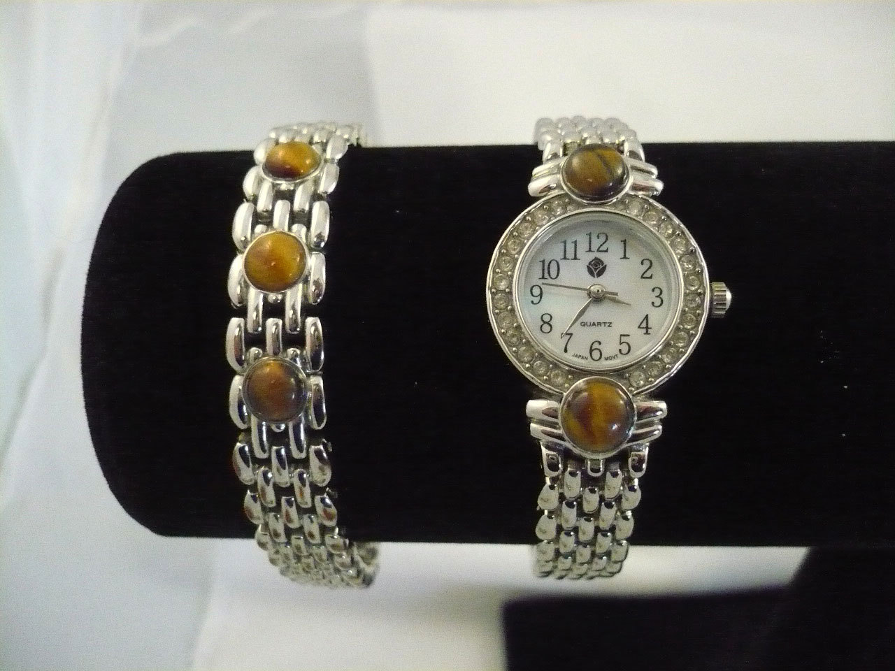 Designs by Rose watch silver metal bracelet R/S & faux tiger’s eye accents