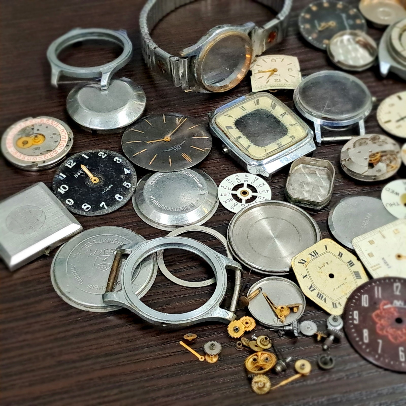 Vintage Soviet Watch Parts Lot– Raketa, Pobeda, Slava, Zarja – Cases, Dials–USSR