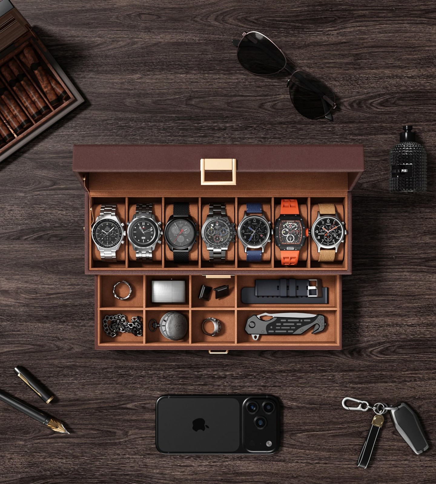 Watch Case Box for Men – 7 SLots Watches Storage Organizer Real-Glass Display…