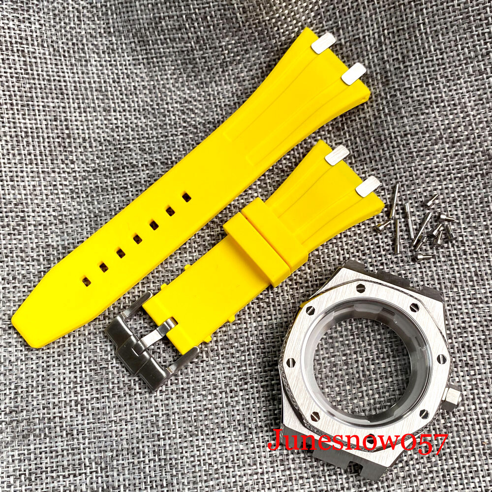 42MM Brushed Sliver Watch Case Rubber Strap Fit NH35 NH36 SKX SRP Sapphire Glass